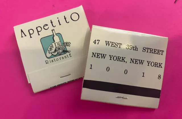 Appetito Restaurant Vintage Set of 2 Matchbooks - New York City NYC Collectable