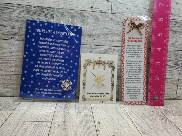 Set Of 3 Christian Lapel Pins And Cards Candycane, Snowflake, Dove