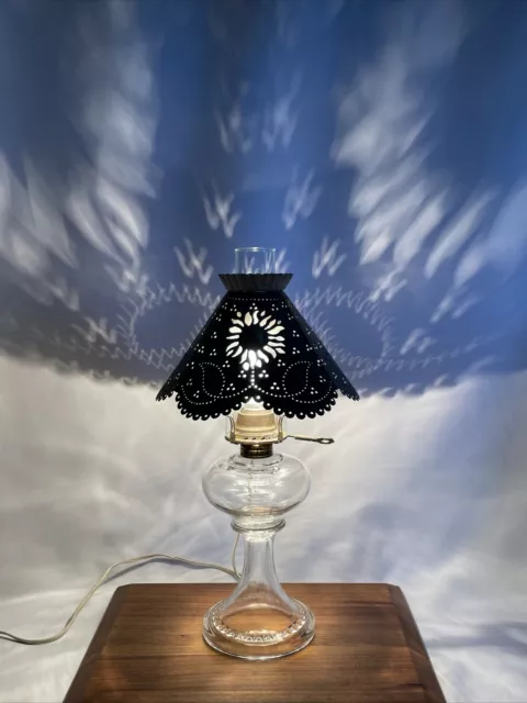 Vtg Victorian Farmhouse Converted Glass Oil Lamp Punched Tin Tole Shade Floral
