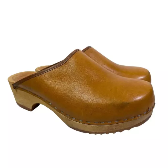 VINTAGE 70S TROLLS Wood Clog Women size 37 US 6 Tan Leather 26.28
