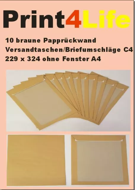 5 braune Papprückwand Versandtaschen/Briefumschläge C4 229 x 324 o. Fenster A4