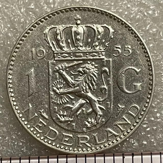 1955 NETHERLANDS  Silver 1 GULDEN Coin, JULIANA, UNC, (.720) 6.5g.