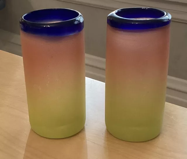 Vintage Mexican Hand Blown WATERMELON Ombre , TALL SHOT Glass Bar Ware , Pair