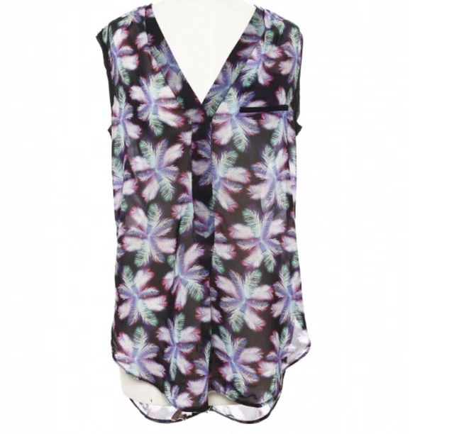 Sandro Black Purple Chiffon Palm Tree Dip Hem Blouse Top Tunic  Sleeveless 1 S 8