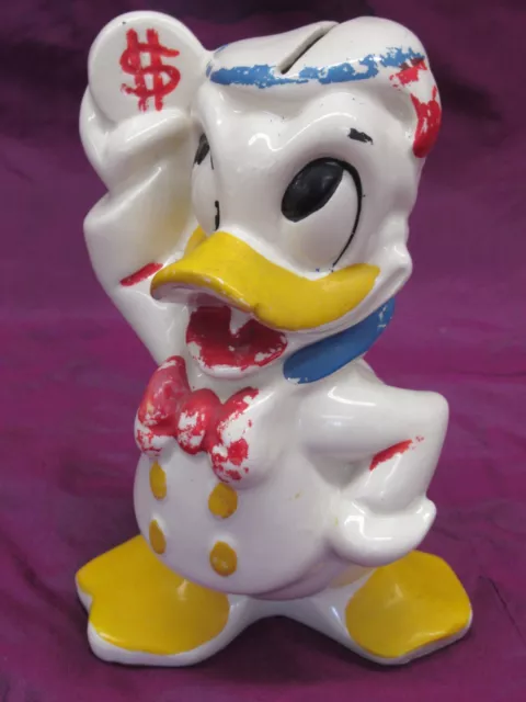 Vintage Walt Disney hand painted ceramic Donald Duck coin bank 6.5"