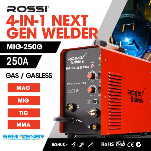 ROSSI 250Amp Inverter Welder MIG Stick MAG TIG MMA ARC Gasless Gas Metal GMAW