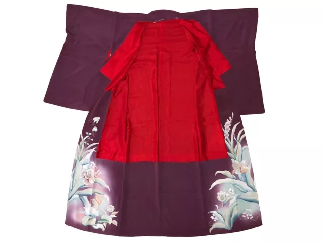 Vintage Formal Wine Color Silk Floral Montsuki Iro Tomesode Kimono: Oct18B 3
