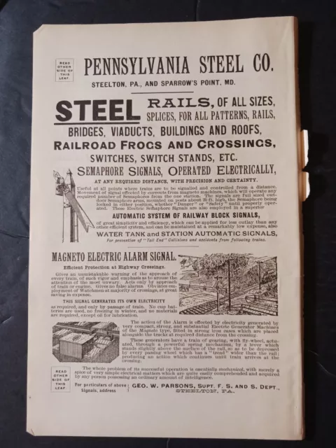 1891 print ad PENNSYLVANIA  STEEL CO. railroad Magneto Alarm Signal Steelton PA