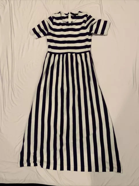 Women's J. Crew Maxi Dress Rugby Stripe AR642 Navy White Short Sleeve Sz 0 EUC