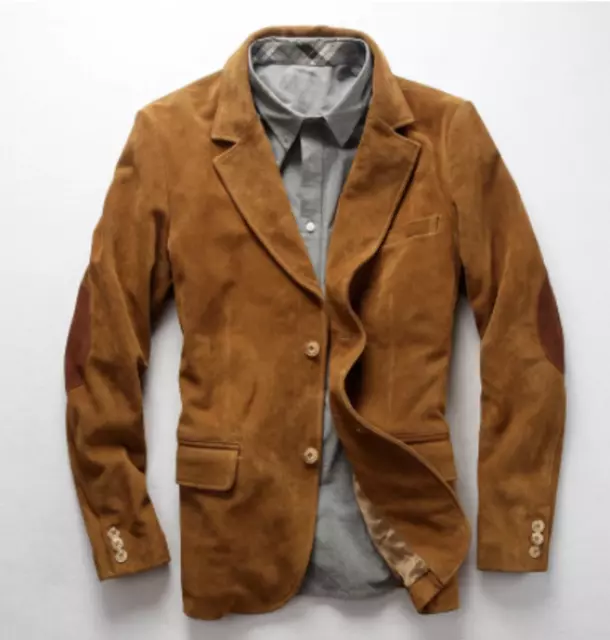 Cuero Marrón Blazer Hombre 100% Puro Ante Abrigo 2 Chaqueta de Botón Ropa Casual