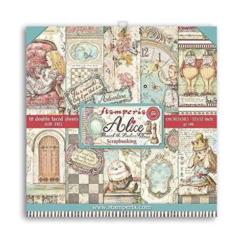 Almohadilla de papel Alicia a través del espejo 12x12 - Stamperia, SBBL93 roja, azulada