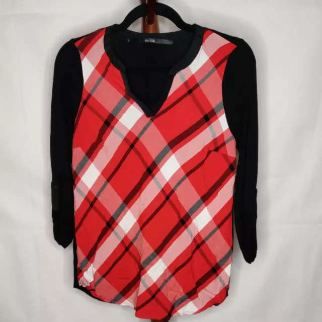 Kensie women's size M? top multicolor plaid front v-neck adjustable sleeves