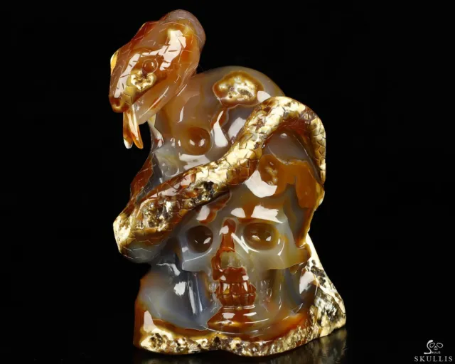 5.1" Carnelian Hand Carved Crystal Skull and Snake Fine Art Sculpture