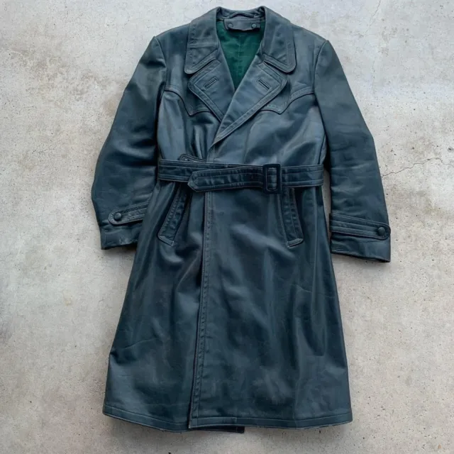 Vintage WW2 WEHRMACHT German Military Blue Leather Trench Coat Size M