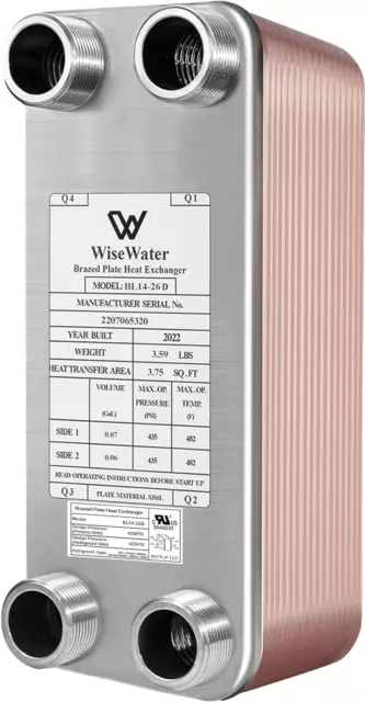Brazed Plate Heat Exchanger Stainless Steel SS316L 3"X8" 26 Plates 3/4" MPT 210,