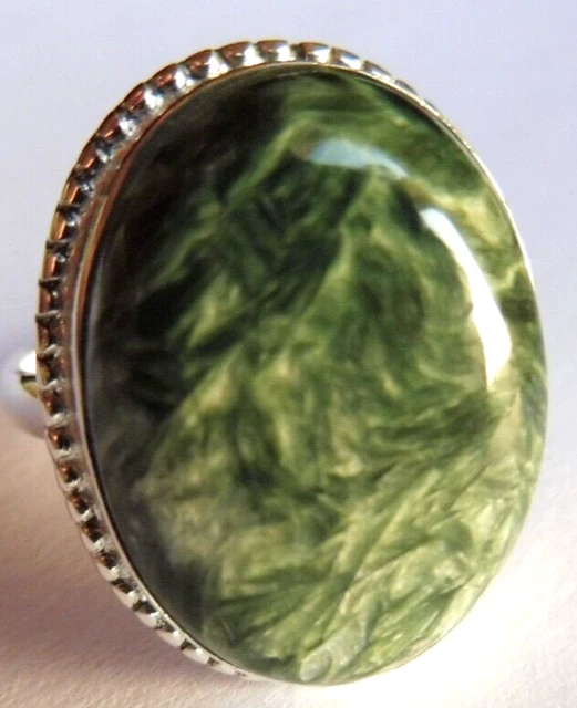 Bague En Séraphinite Naturelle - Pierre Ovale 18x23x7 Mm (29 Carats) - Argent Massif 925 - Taille 59 - Neuf
