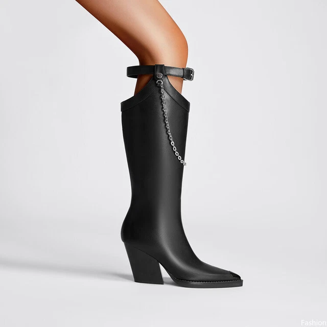 Womens PU Leather Pointed Toe Mid Block Heels Pull on Metal Decor Knee High Boot