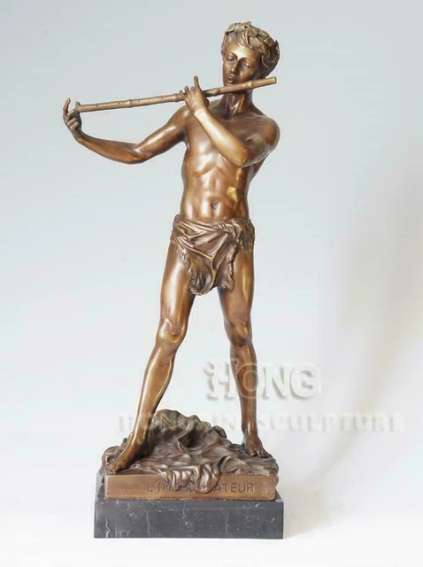 Tibetan Buddhism Art Deco Sculpture Man Boy Piper Play Pipe Bronze Statue