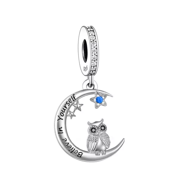 Moon And Stars Believe In Yourself Owl Charm Wise Owl Bird Sterling Silver 925