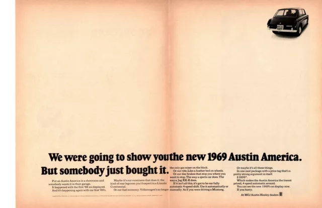 1969 Austin Healey America $1899 Lowest Price 4-Speed Automatic 2-Page Print Ad