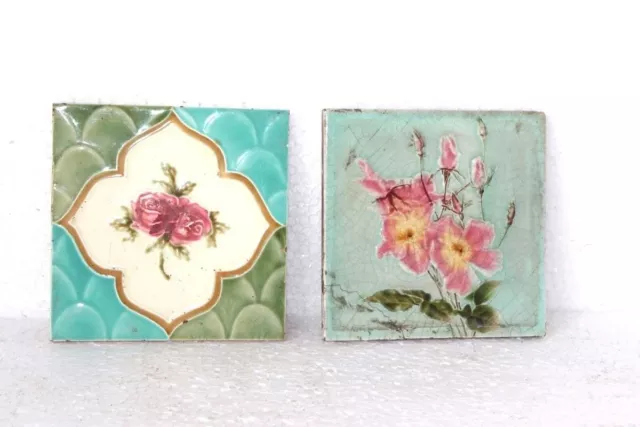 2 Pc Ceramic Tiles Old Vintage Antique Rare Home Garden Decor Collectible PG-60