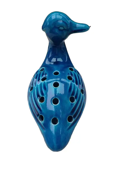 Ancien canard bleu en céramique émaillée-pique fleur