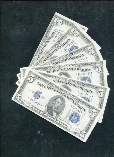 (6) Consecutive 1934-A $5 Five Dollars Blue Seal Silver Certificates Uncirculate