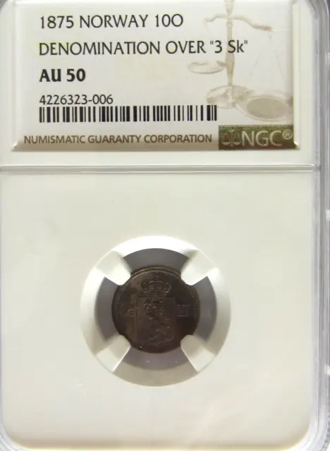 Norway Silver 1875 10 Ore (Over 3 Skilling) - AU50