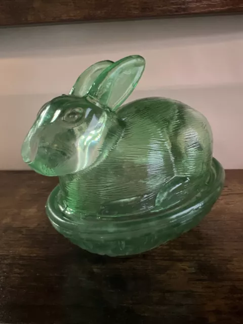 Bunny Rabbit on Nest Green Glass - Easter Spring - Candy / Trinket Dish