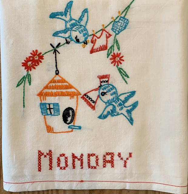 Set Of 6 Vintage Bluebird Embroidered Muslin Tea Dish Towels Days Of The Week