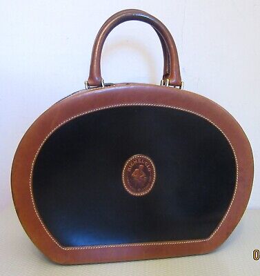 Vtg Italian Stitched Leather Round Hatbox Bag Purse Train Case Zip Around