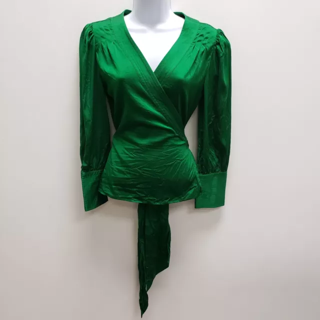Diane Von Furstenberg Womens Silk Blend Wrap Top Size 8 Green Long Sleeve V Neck