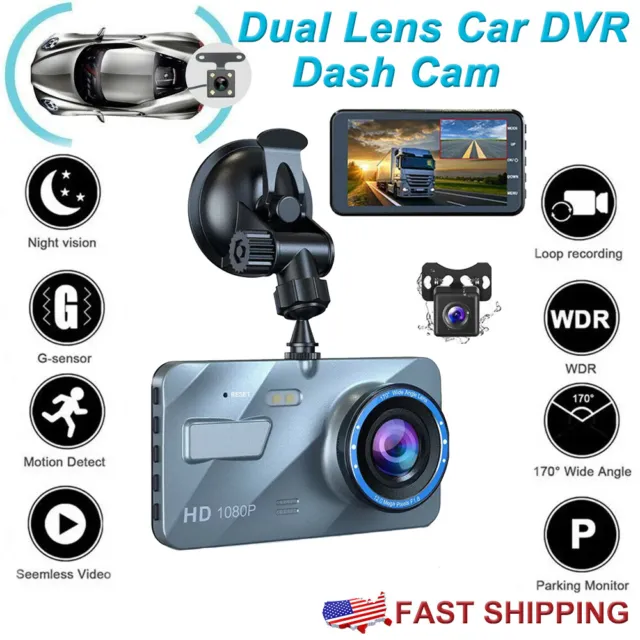 Screen Dash Cam 4" 1080P Dual Lens Car DVR Recorder Front and Rear Camera