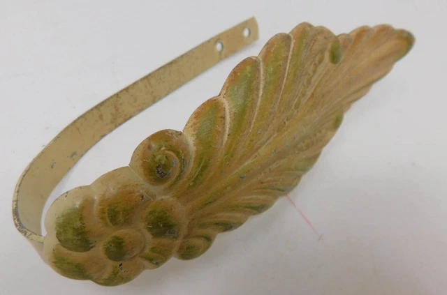 Drapery Curtain Pull Back 1940's Painted Cream & Green Floral Leaf  Metal 6.25" 2