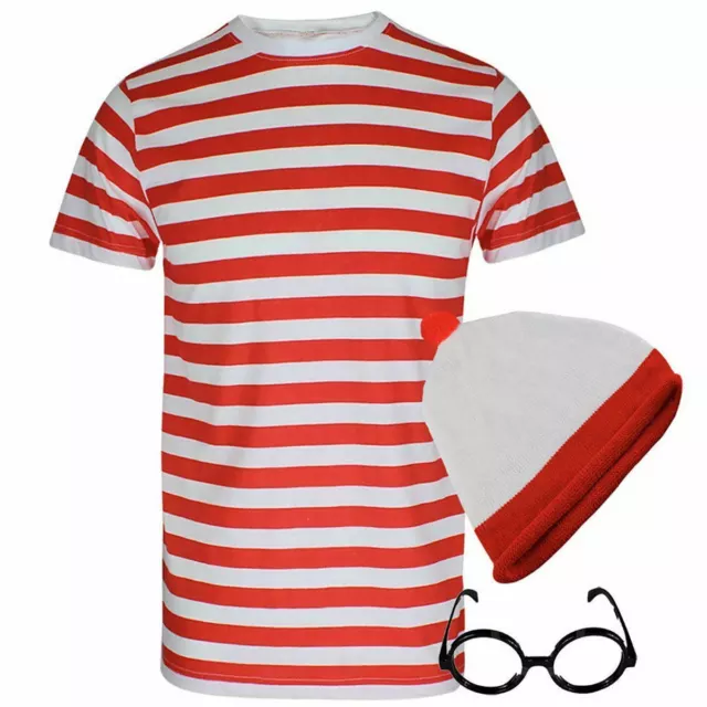 Herren rot und weiß gestreiftes T-Shirt Mütze Brille Set Unisex Buch Woche Party Outfit