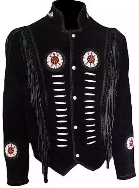 Men Native American Cowboy Leather Jacket Fringes & Beads Western Suede Jacket