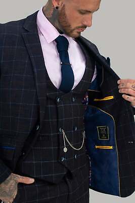 Mens Cavani Premium Tweed Navy Check Kerber Wedding Slim Fit 3 Piece Suit SALE!!