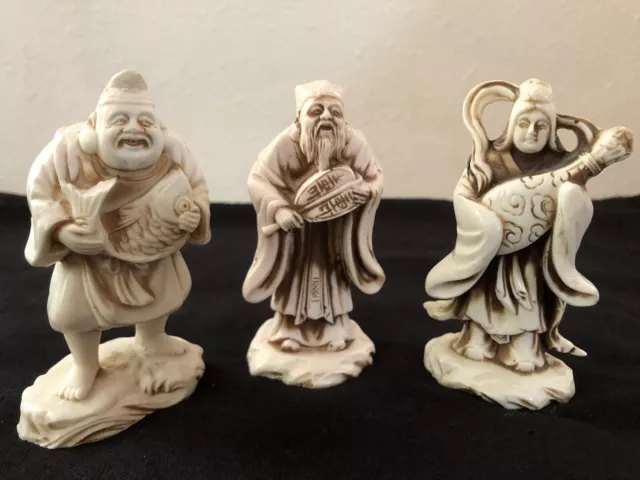 3 VINTAGE CHINESE/ASIAN HAND CARVED RESIN FIGURINES STATUES 3 1/2 in Tall.