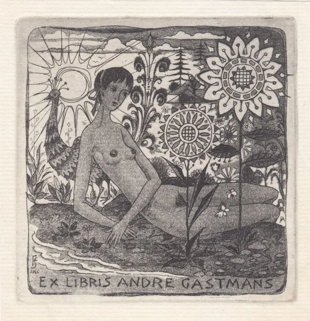 Exlibris Bookplate Radierung Julio Fernandez Saez 1924 Frauenakt Pfau Akt