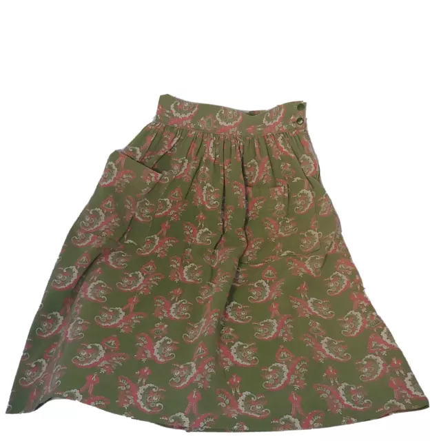 Vintage 1950s Womens XS Skirt Heavy Cotton Paisley Green Floral Retro