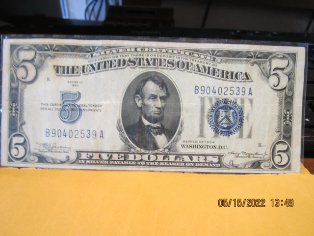 1934  Silver Certificate $5.00 Dollar Bill  Circ.