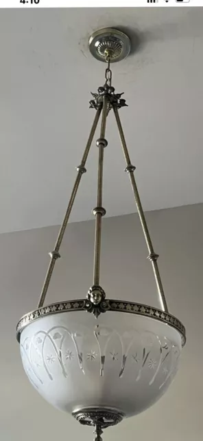 Antique Gas/Gasolier Chandelier With Beautiful Wheel Cut Dome