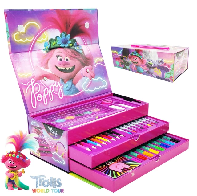 TROLLS WORLD TOUR Colouring Kit Case Paints Pencils Crayons Art Set For ...