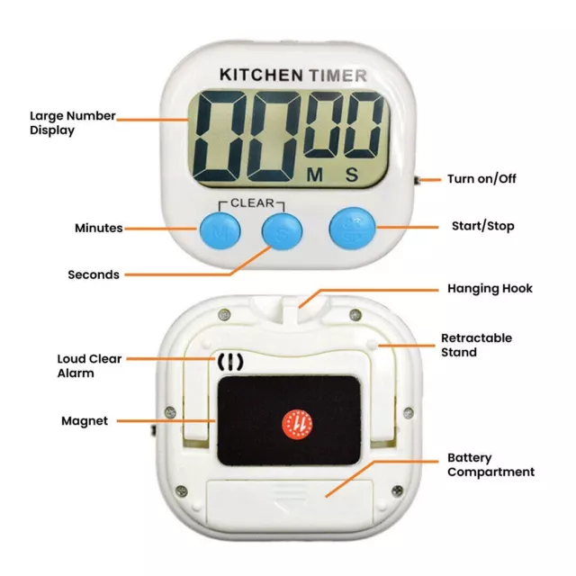 Temporizador de cocina digital LCD grande cuenta atrás reloj alarma fuerte 3