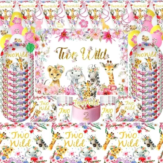 Two Wild Girls Tableware Party Supples Jungle Animal Birthday Baby Shower