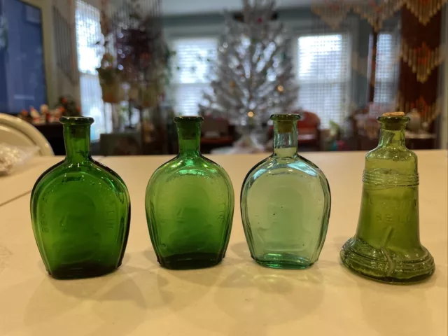 Vintage Benjamin Franklin Mini Green Glass Bottles Liberty Bell Set Of 4