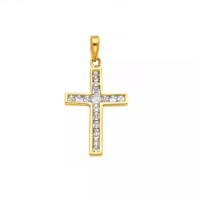 14K Solid Yellow Gold CZ Cross Pendant - Cubic Crucifix Necklace Charm Women Men