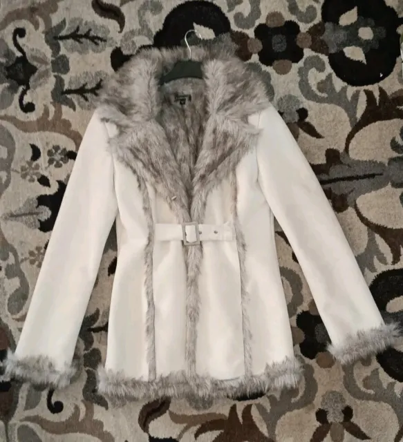 Bebe Size M Y2K Vintage Soft Ivory Suede Faux Fur Jacket Coat