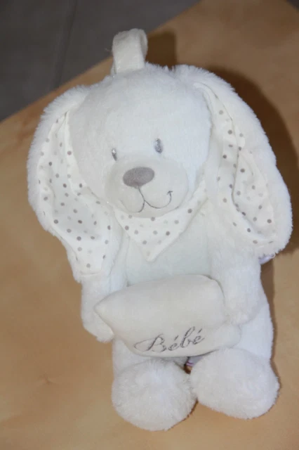 DOUDOU Peluche POMMETTE LAPIN BLANC MUSICAL  COUSSIN BEBE POIS GRIS BANDANA NEUF 2