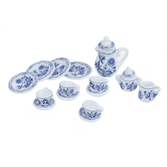 15Pcs 1:12 Dollhouse miniature blue flower tableware porcelain coffee tea  L.t2